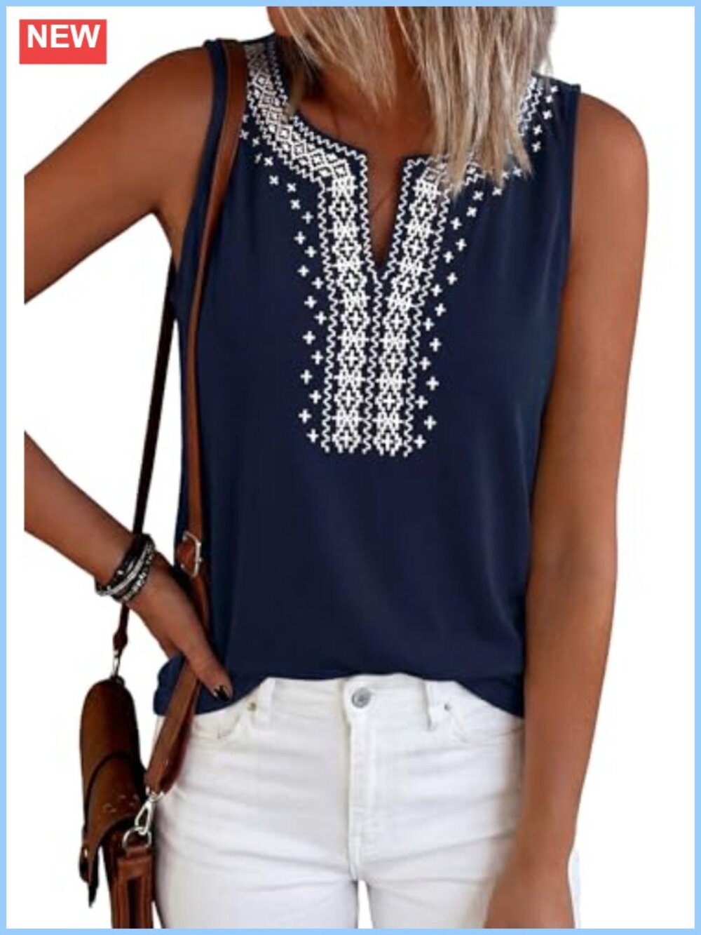 Womens Embroidered Sleeveless Tank Top V-Neck Loose Fit Summer Casual